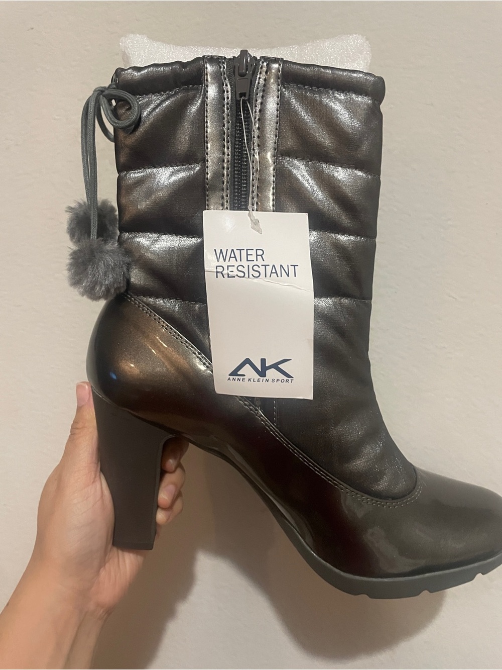 Anne Klein Sport Metallic Charcoal Quilted Pom-Pom Heel Boot